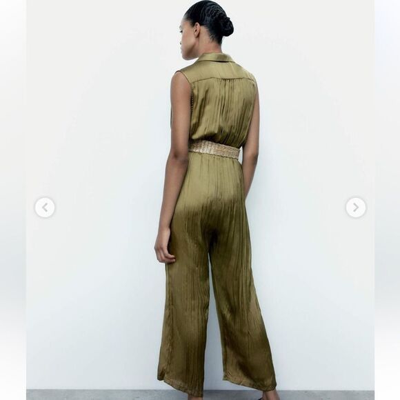 Zara olive green satin effect jumpsuit with belt - Picture 9 of 11